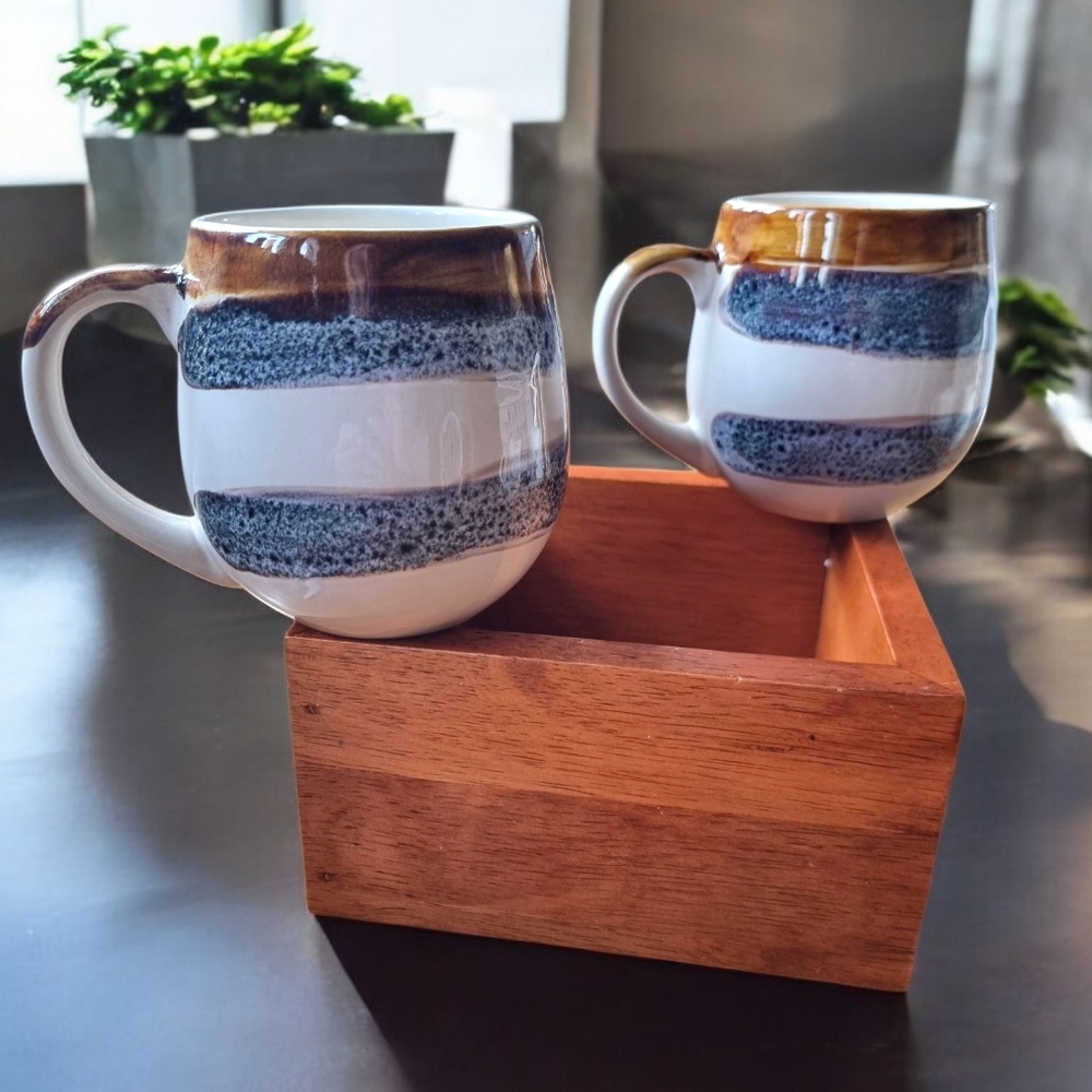 Stoneware Ceramic Glazed 16 Oz. Mug Set Of 2 with Blue and Brown Accents